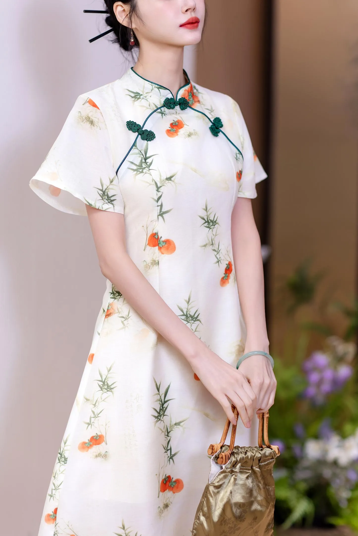 Stunning Floral Print A-line Qipao with Mid-Length and Tulle Hem