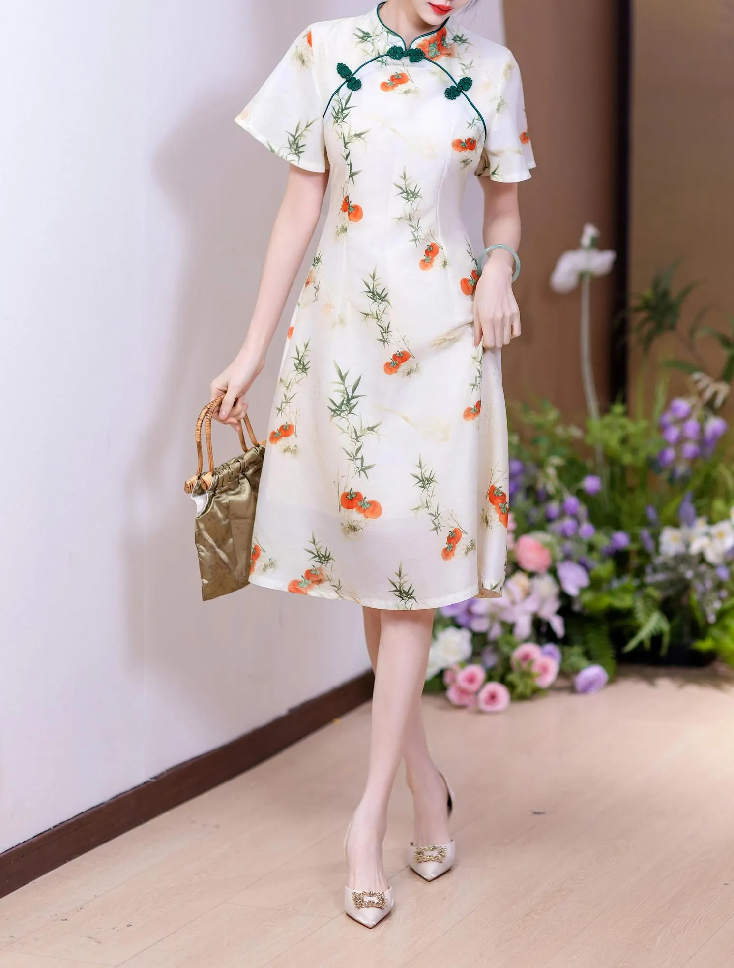Stunning Floral Print A-line Qipao with Mid-Length and Tulle Hem