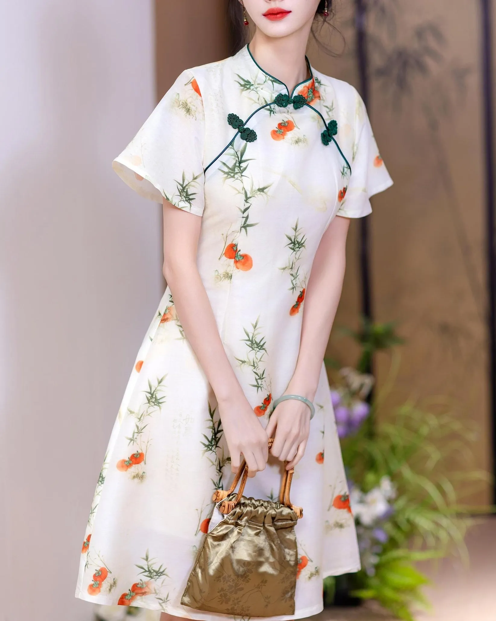 Stunning Floral Print A-line Qipao with Mid-Length and Tulle Hem