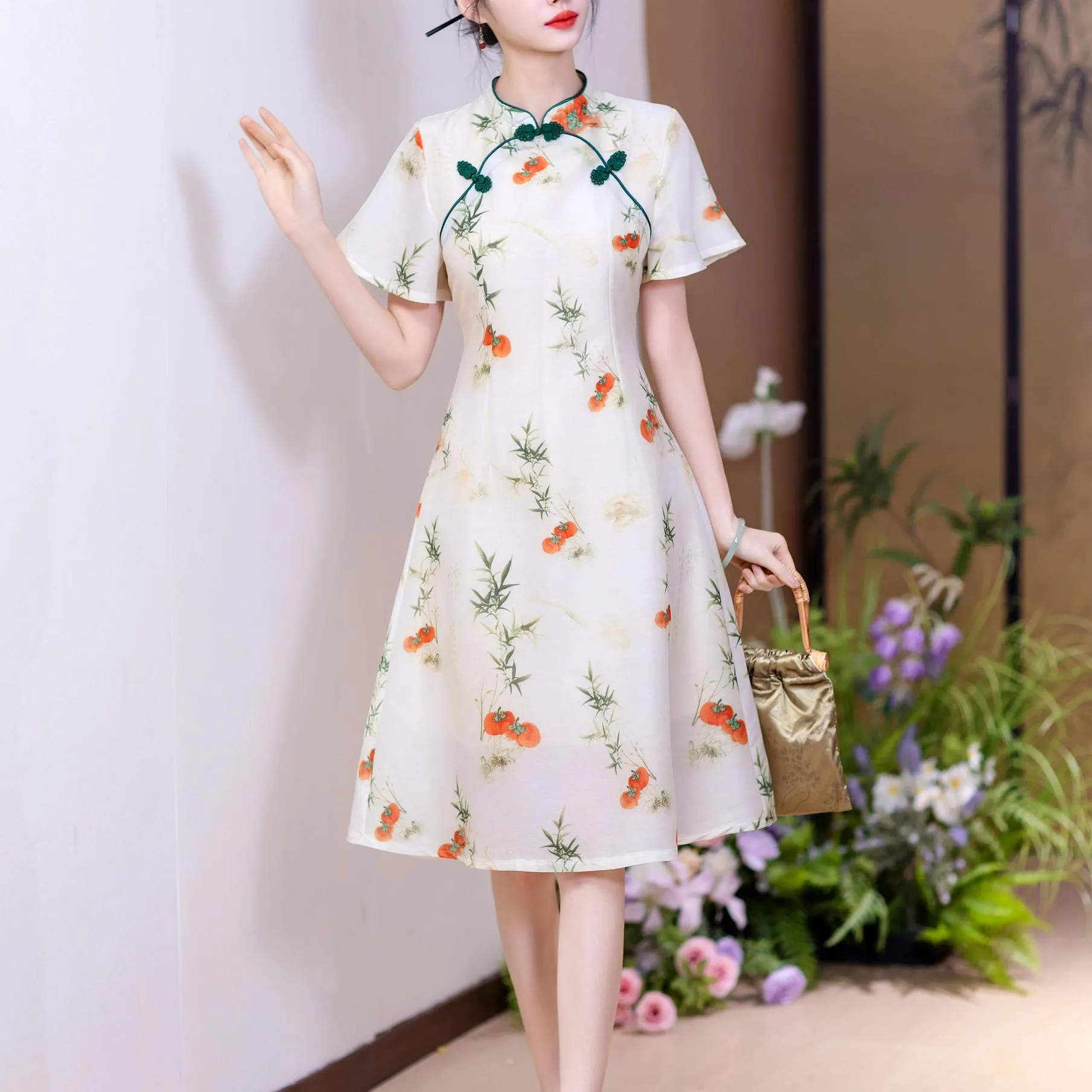 Stunning Floral Print A-line Qipao with Mid-Length and Tulle Hem