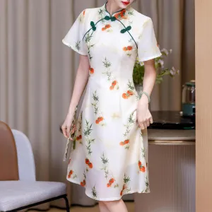 Stunning Floral Print A-line Qipao with Mid-Length and Tulle Hem