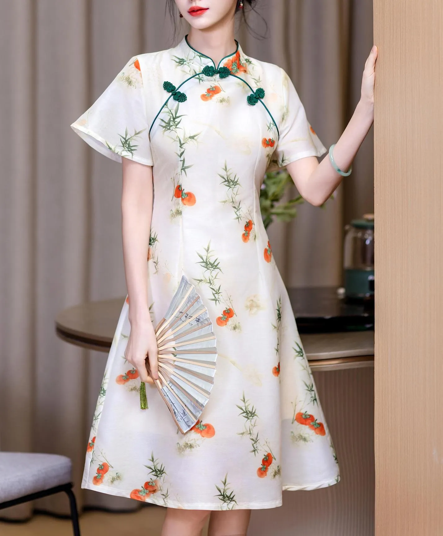 Stunning Floral Print A-line Qipao with Mid-Length and Tulle Hem