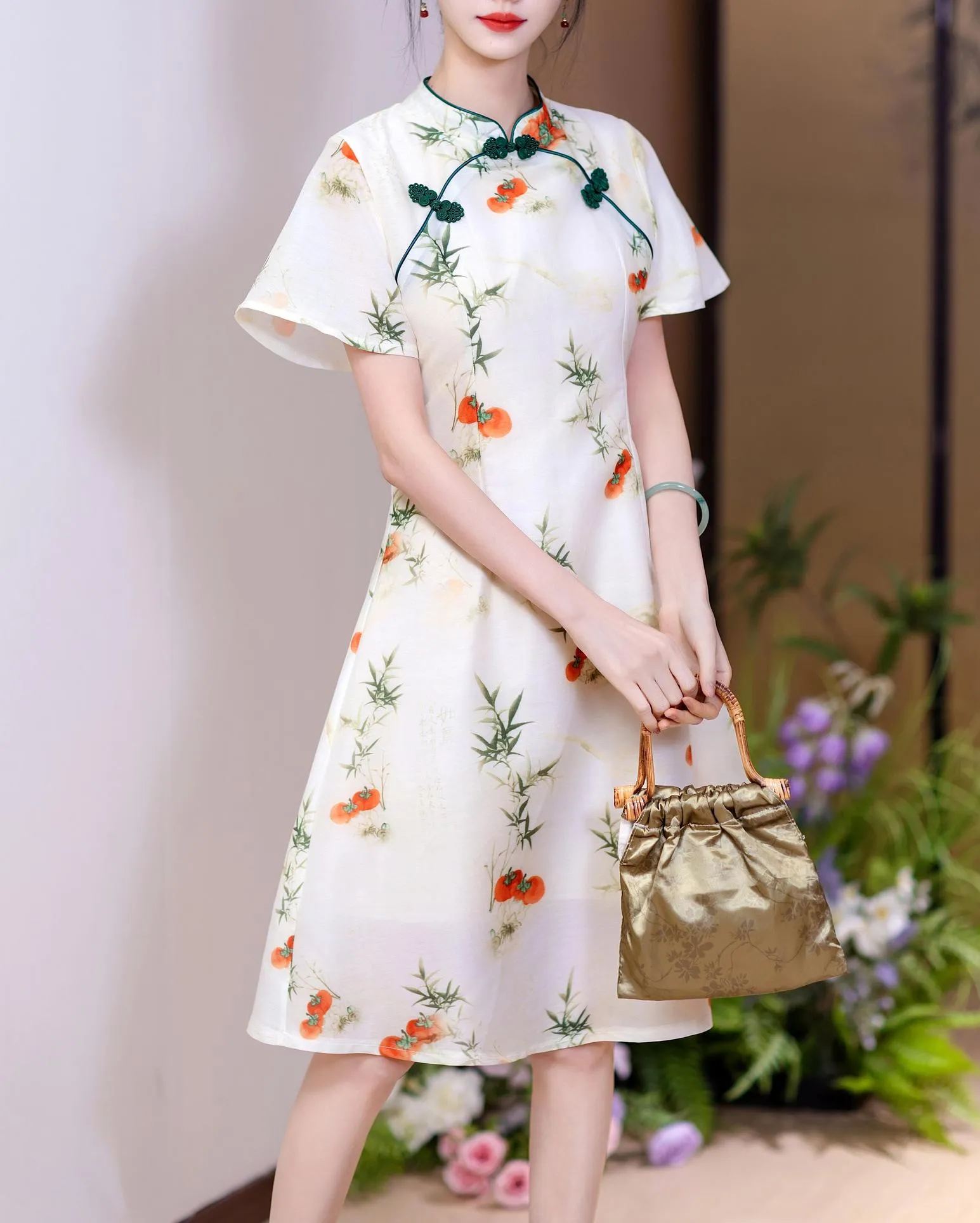 Stunning Floral Print A-line Qipao with Mid-Length and Tulle Hem