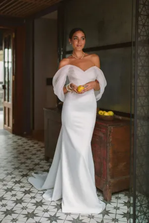 Summer Wedding Party Dresses Off The Shoulder Pleats Bridal Dress Mermaid Satin Women Bride Gowns With Train
