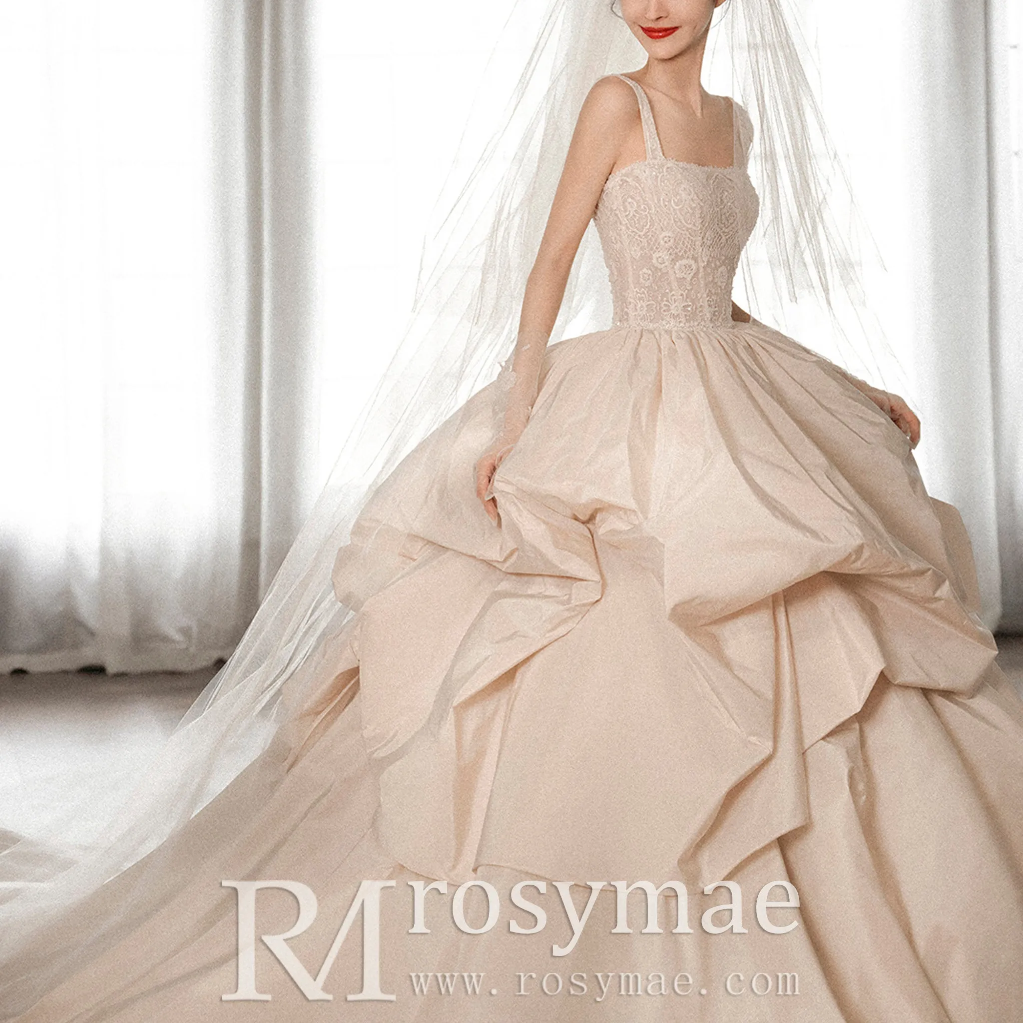 Taffeta Ruffle Skirt Ball Gown Wedding Dress with Square Neckline