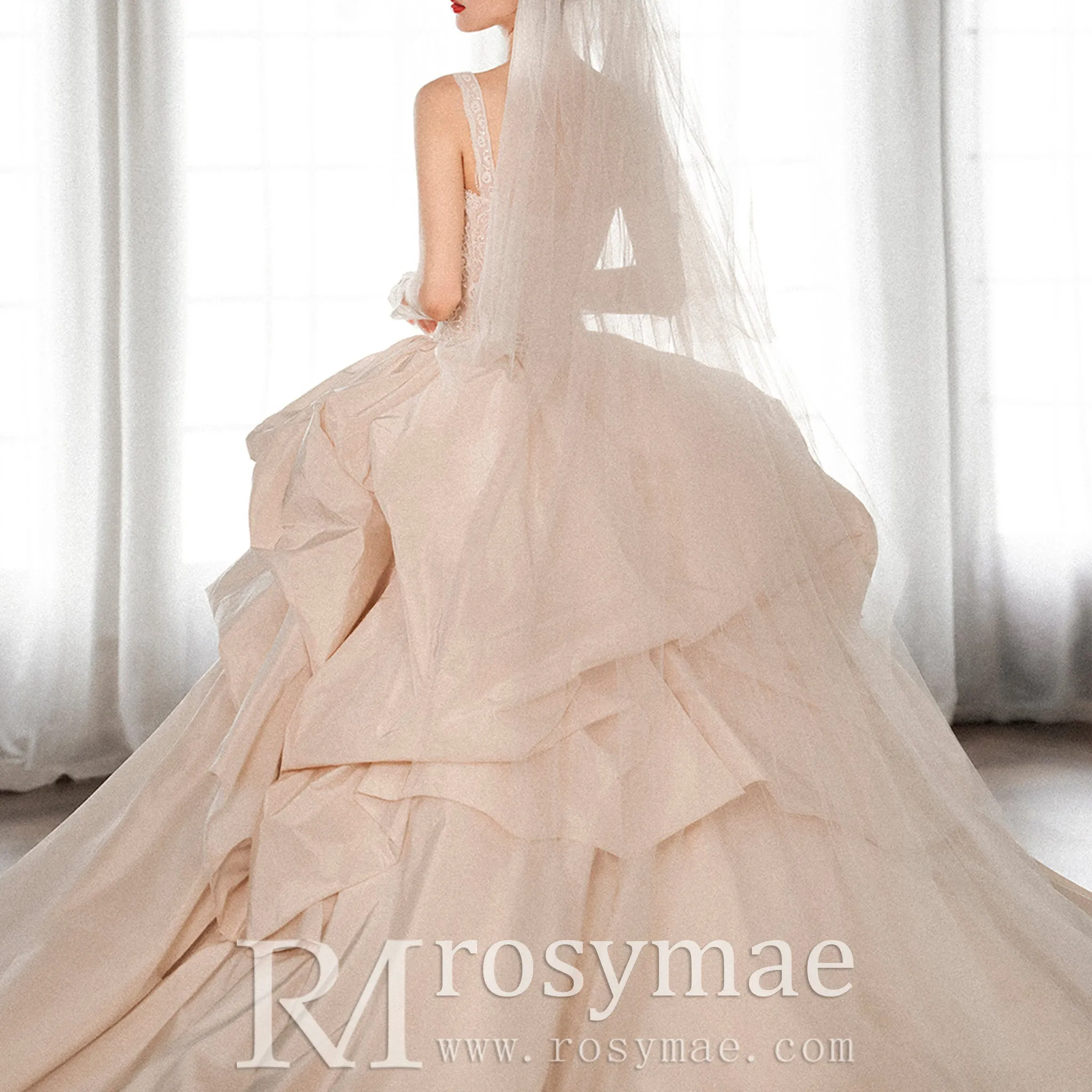 Taffeta Ruffle Skirt Ball Gown Wedding Dress with Square Neckline