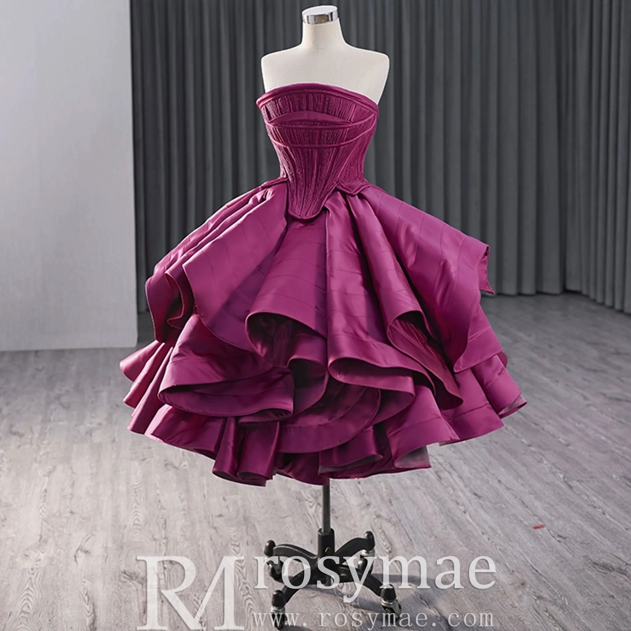 Tiered Ruffled Ssatin Homecoming Dress Strapless Short Prom Gown