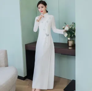 Traditional Vietnam Ao dai Long sleeve Cheongsam Print Qipao Dress