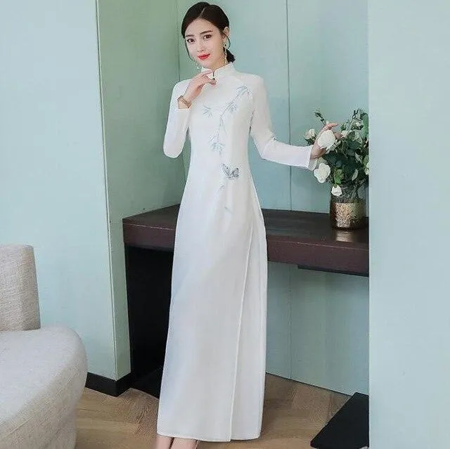 Traditional Vietnam Ao dai Long sleeve Cheongsam Print Qipao Dress