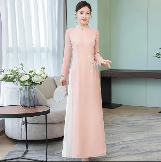 Traditional Vietnam Ao dai Long sleeve Cheongsam Print Qipao Dress