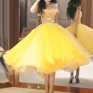 Trendy Yellow Knee Length Dresses for Women with Floral & Sequins