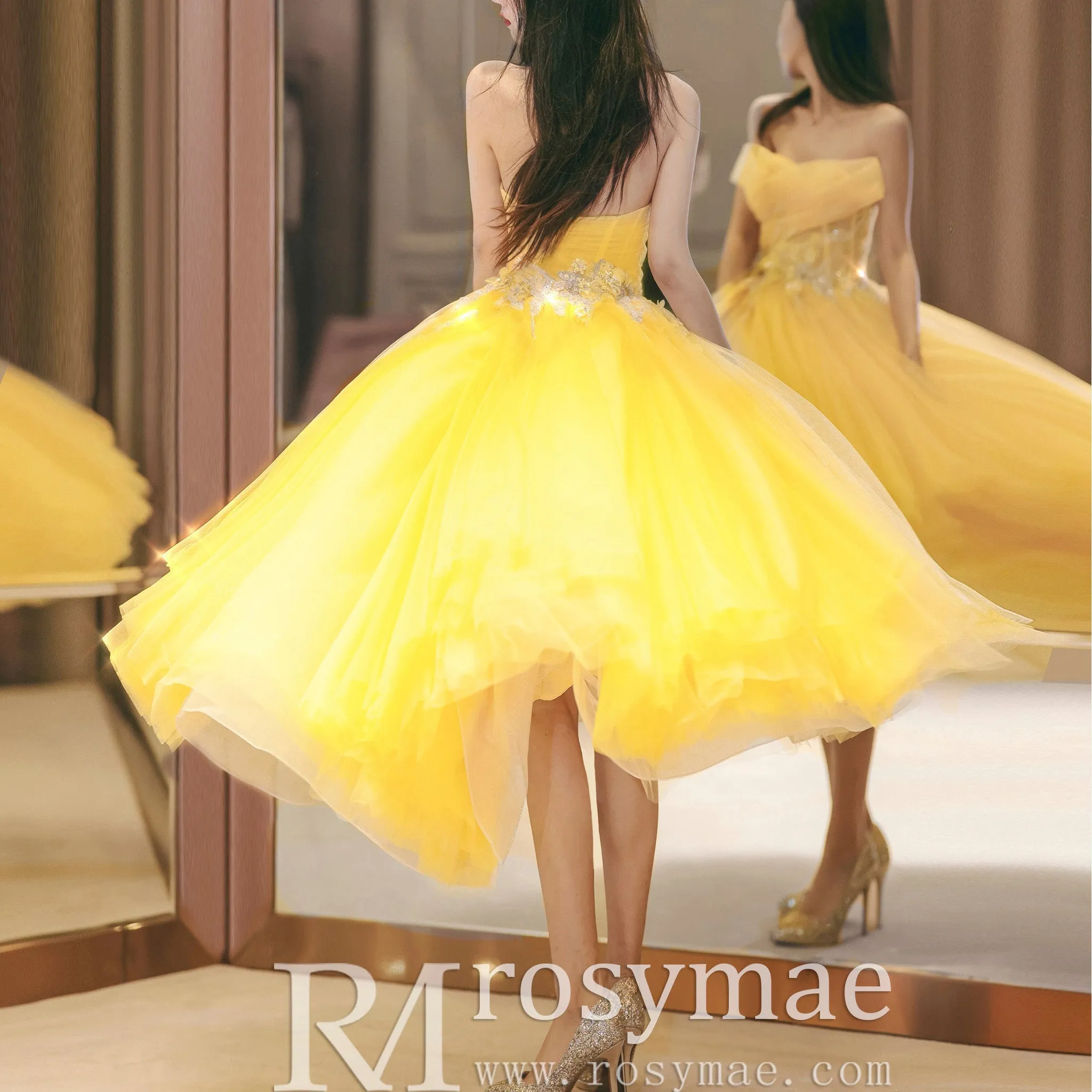 Trendy Yellow Knee Length Dresses for Women with Floral & Sequins