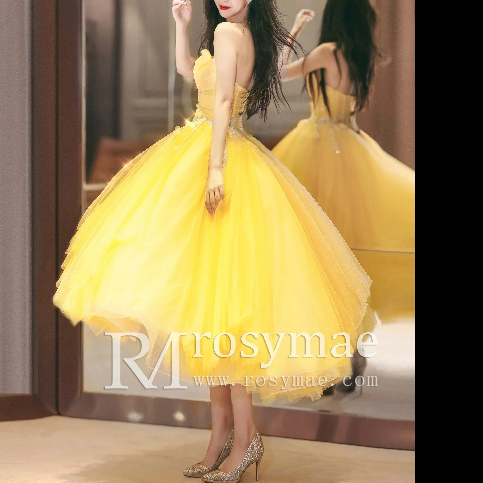 Trendy Yellow Knee Length Dresses for Women with Floral & Sequins