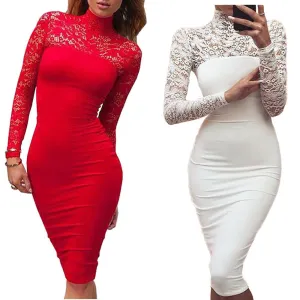 Turtleneck Long Sleeve Lace Midi Club Bandage Bodycon Dress Autumn White Red Black Women Elastic Elegant Party Dresses