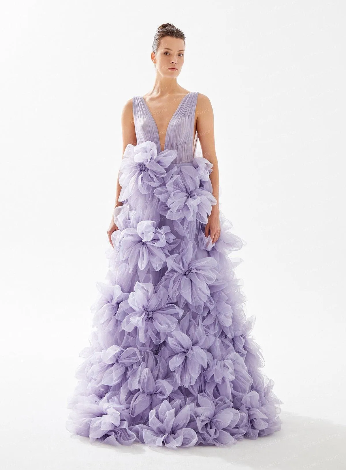 V-neck Floral A-line Tulle Ball Gown Sleeveless Prom Dresses