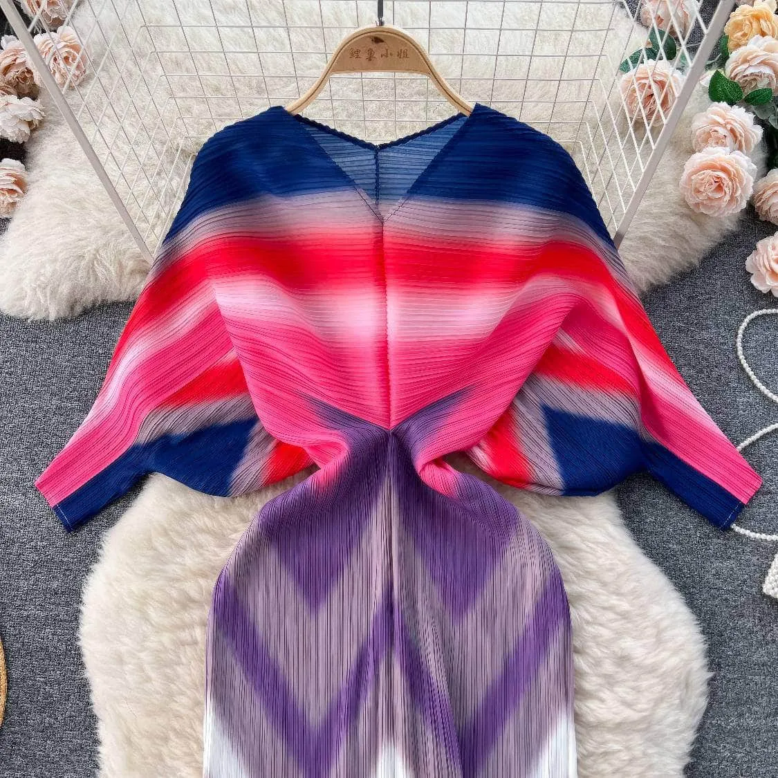 V neck Mesh Sleeves Bohemian Print Midi Dress