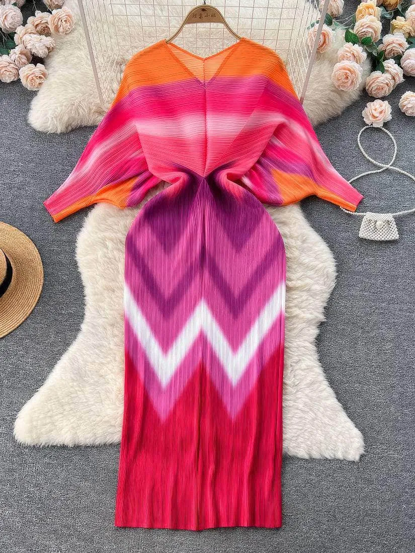 V neck Mesh Sleeves Bohemian Print Midi Dress