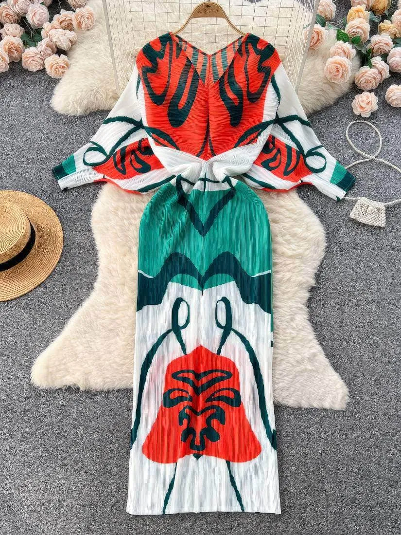 V neck Mesh Sleeves Bohemian Print Midi Dress