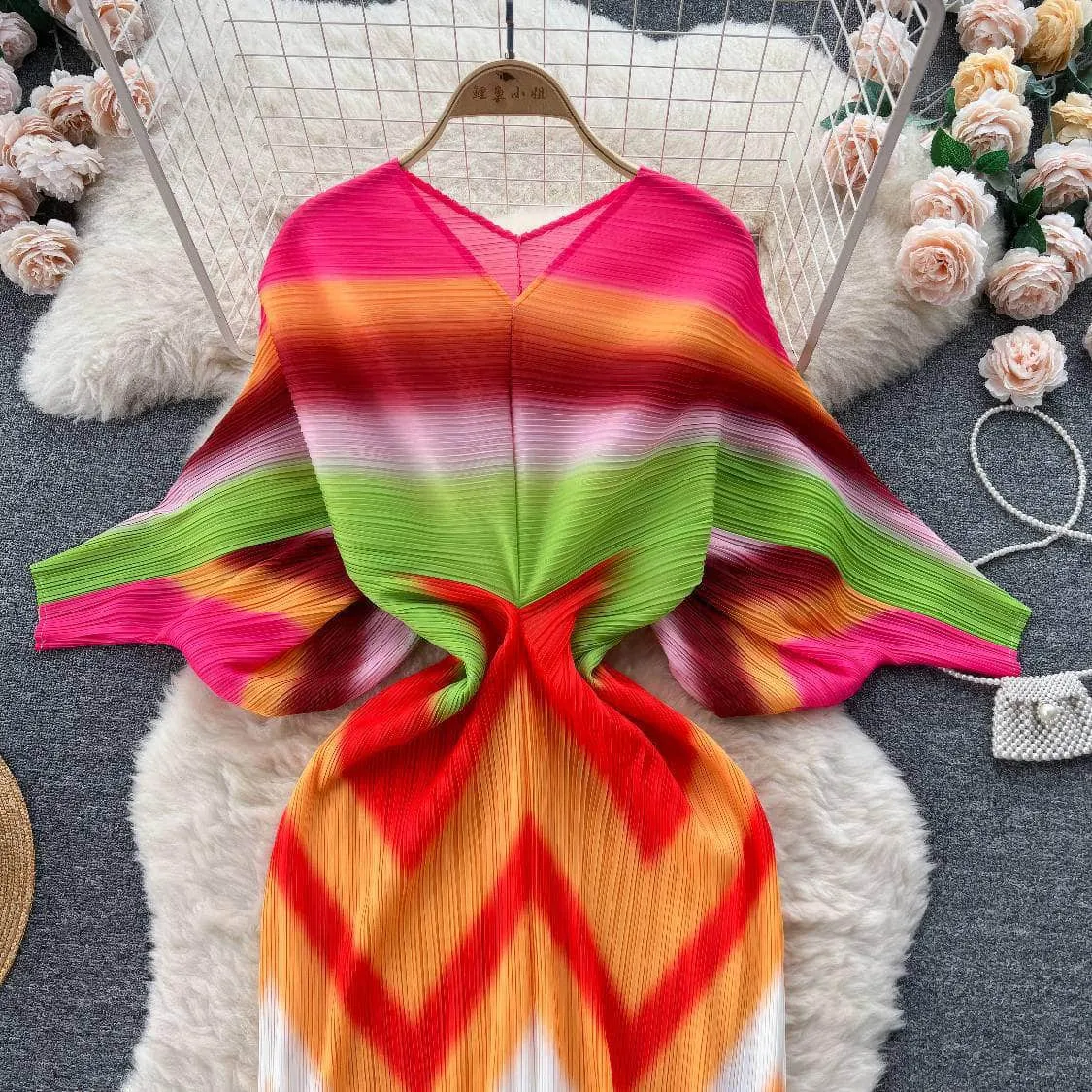 V neck Mesh Sleeves Bohemian Print Midi Dress