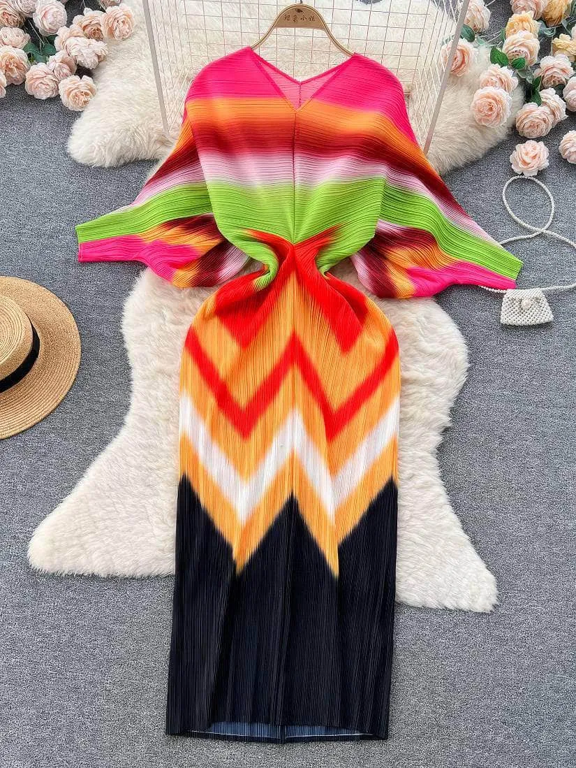 V neck Mesh Sleeves Bohemian Print Midi Dress