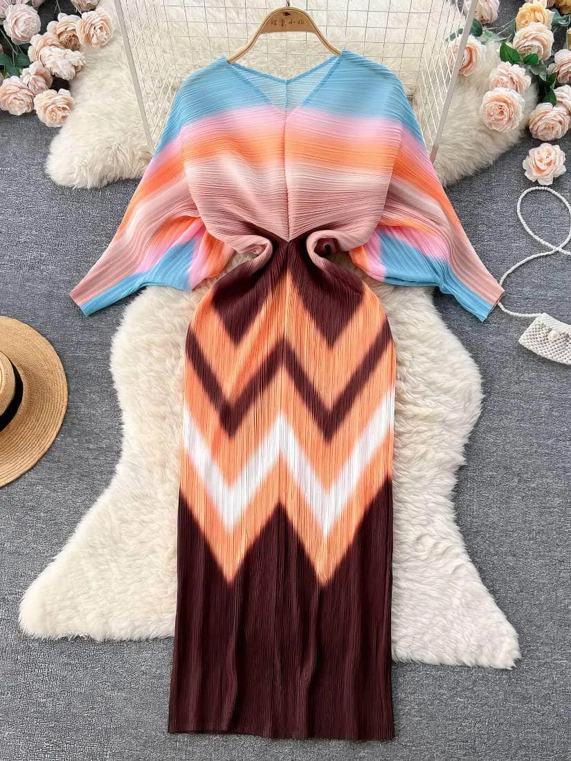 V neck Mesh Sleeves Bohemian Print Midi Dress