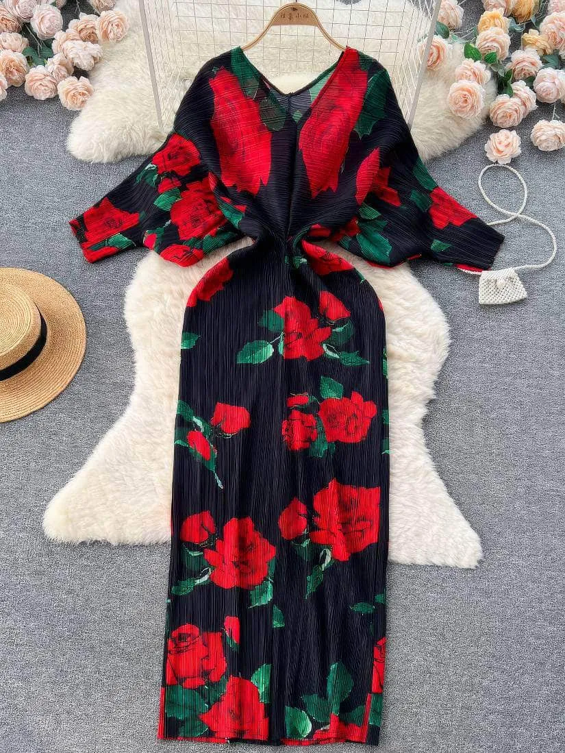 V neck Mesh Sleeves Bohemian Print Midi Dress