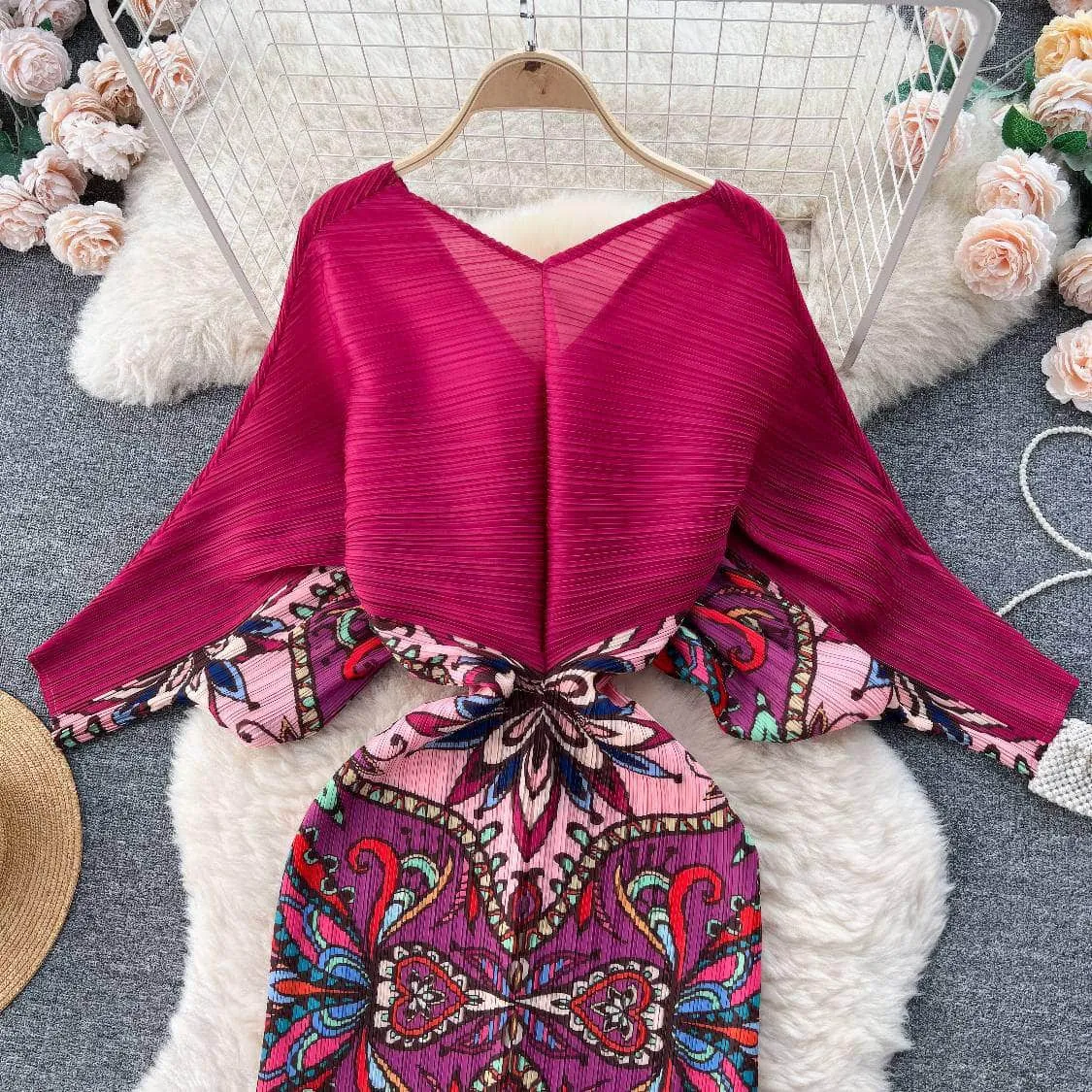V neck Mesh Sleeves Bohemian Print Midi Dress