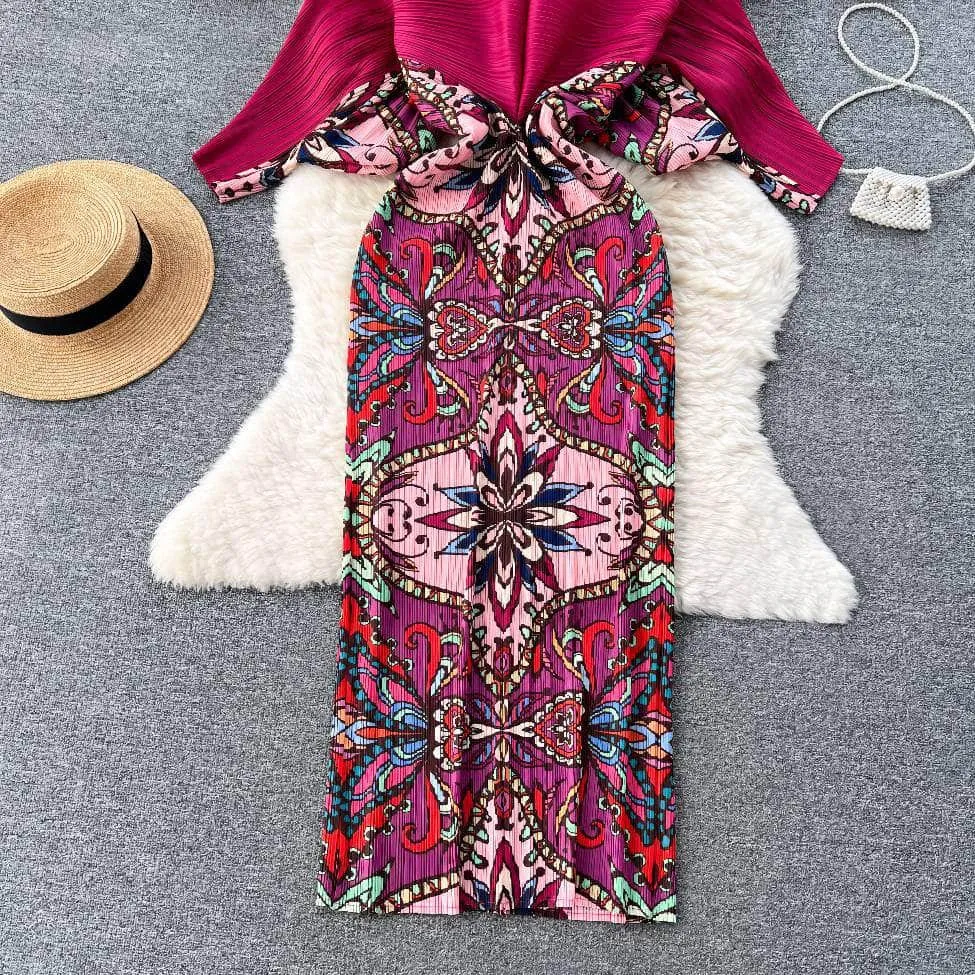V neck Mesh Sleeves Bohemian Print Midi Dress