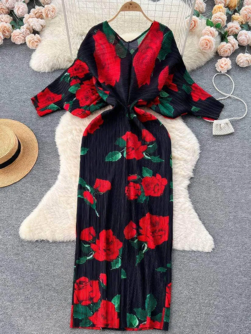 V neck Mesh Sleeves Bohemian Print Midi Dress