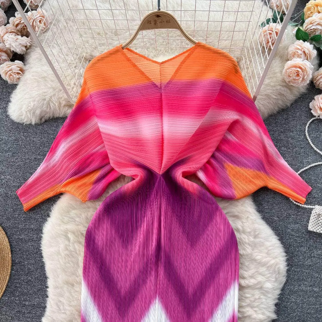 V neck Mesh Sleeves Bohemian Print Midi Dress
