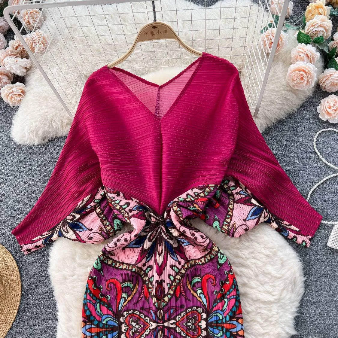 V neck Mesh Sleeves Bohemian Print Midi Dress