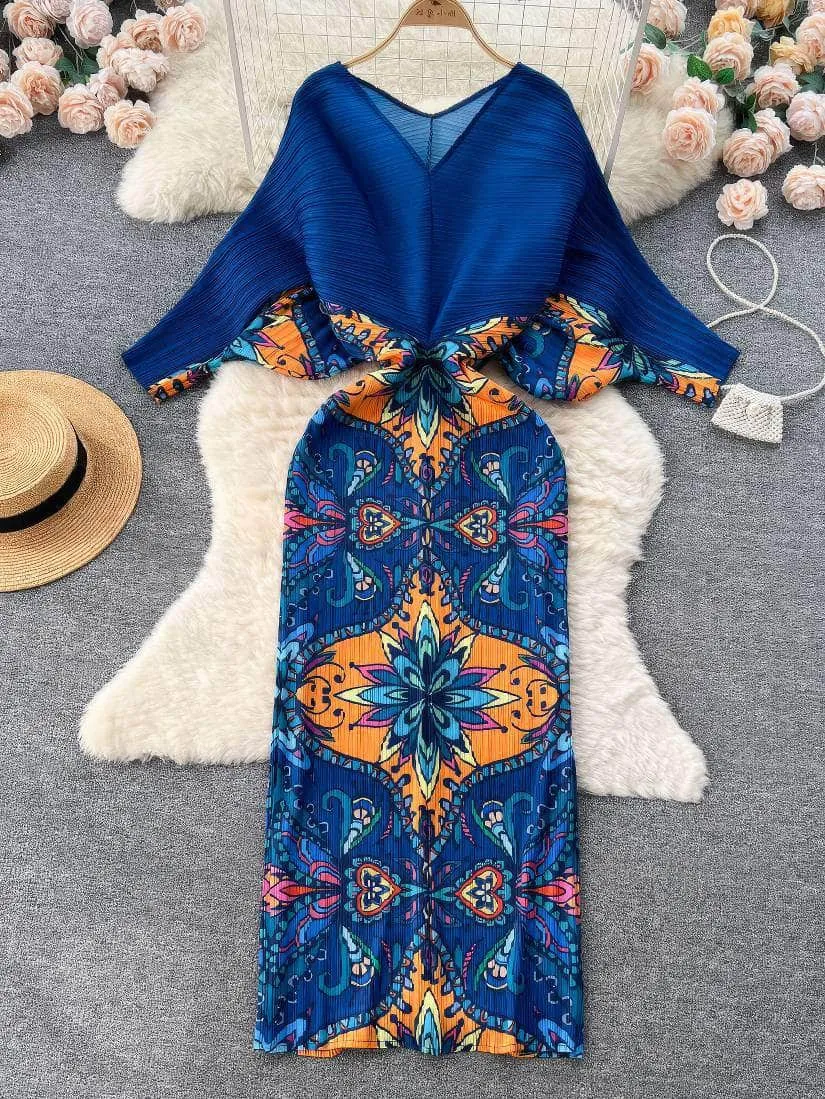 V neck Mesh Sleeves Bohemian Print Midi Dress