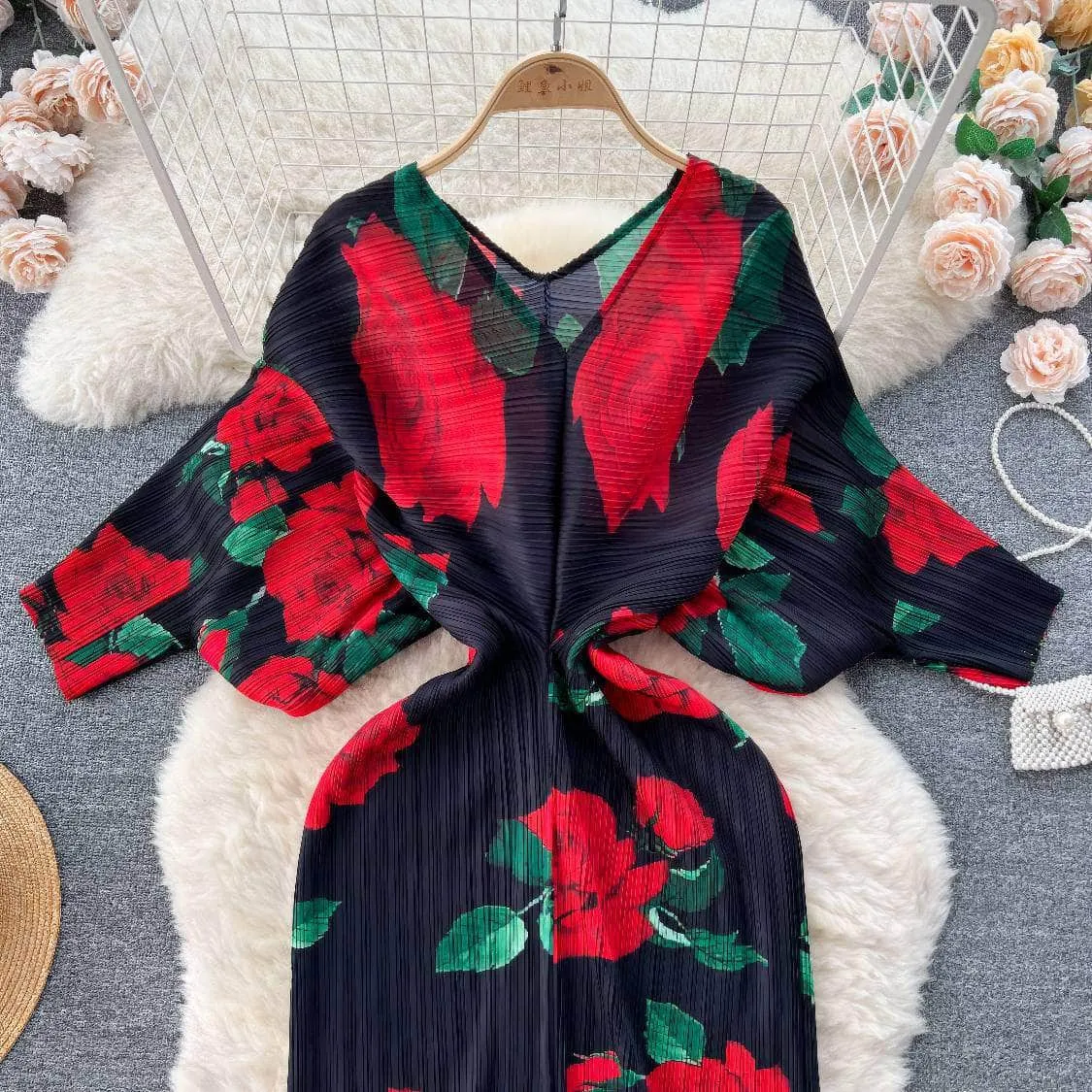 V neck Mesh Sleeves Bohemian Print Midi Dress