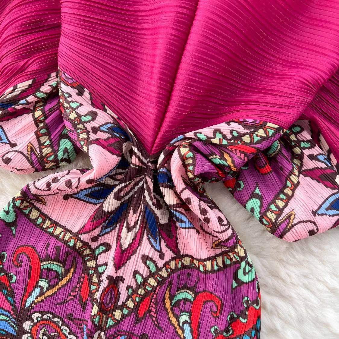 V neck Mesh Sleeves Bohemian Print Midi Dress