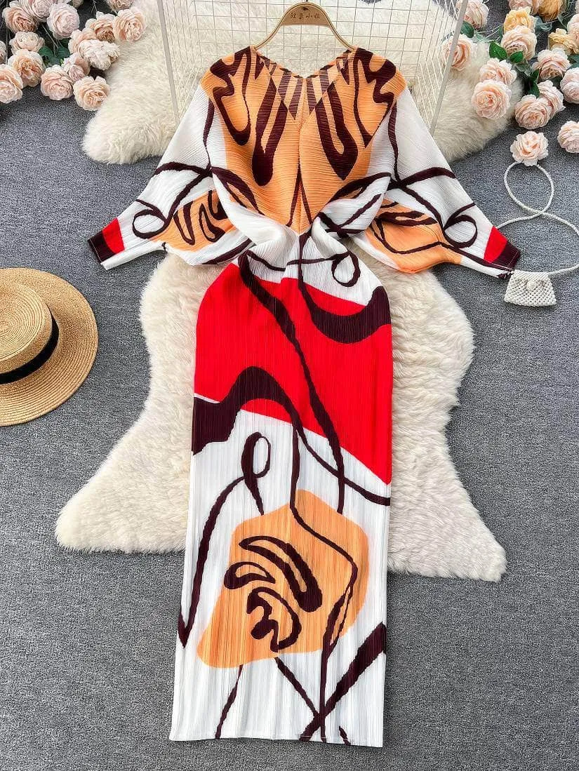 V neck Mesh Sleeves Bohemian Print Midi Dress