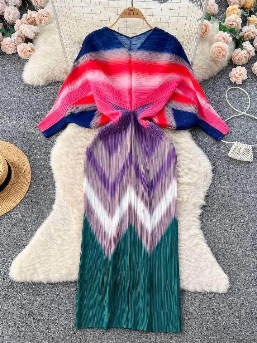 V neck Mesh Sleeves Bohemian Print Midi Dress