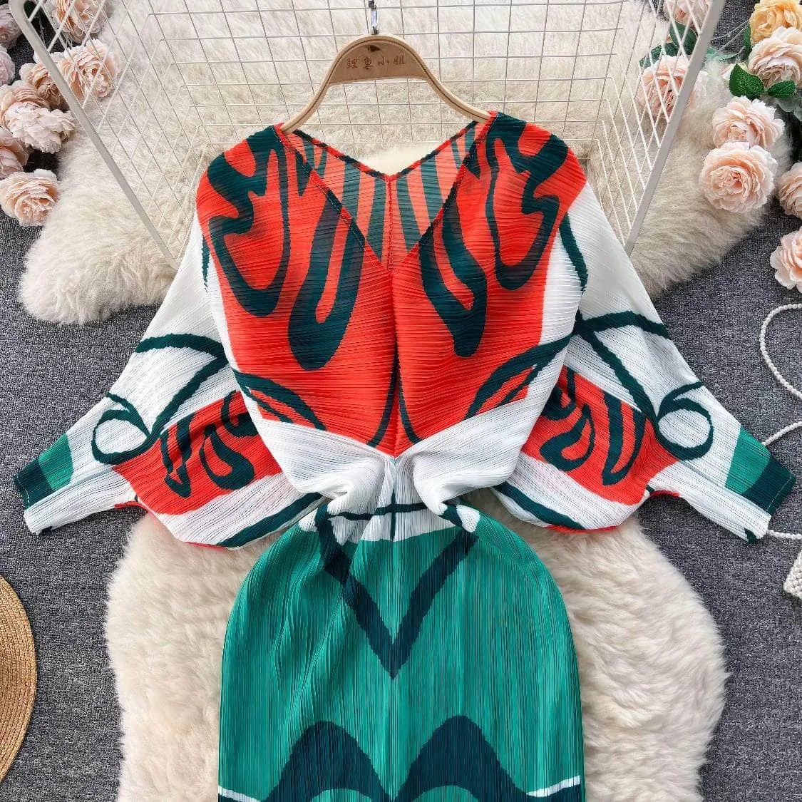 V neck Mesh Sleeves Bohemian Print Midi Dress