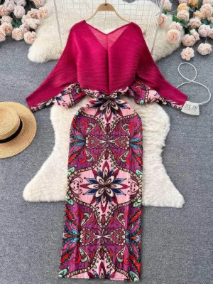 V neck Mesh Sleeves Bohemian Print Midi Dress