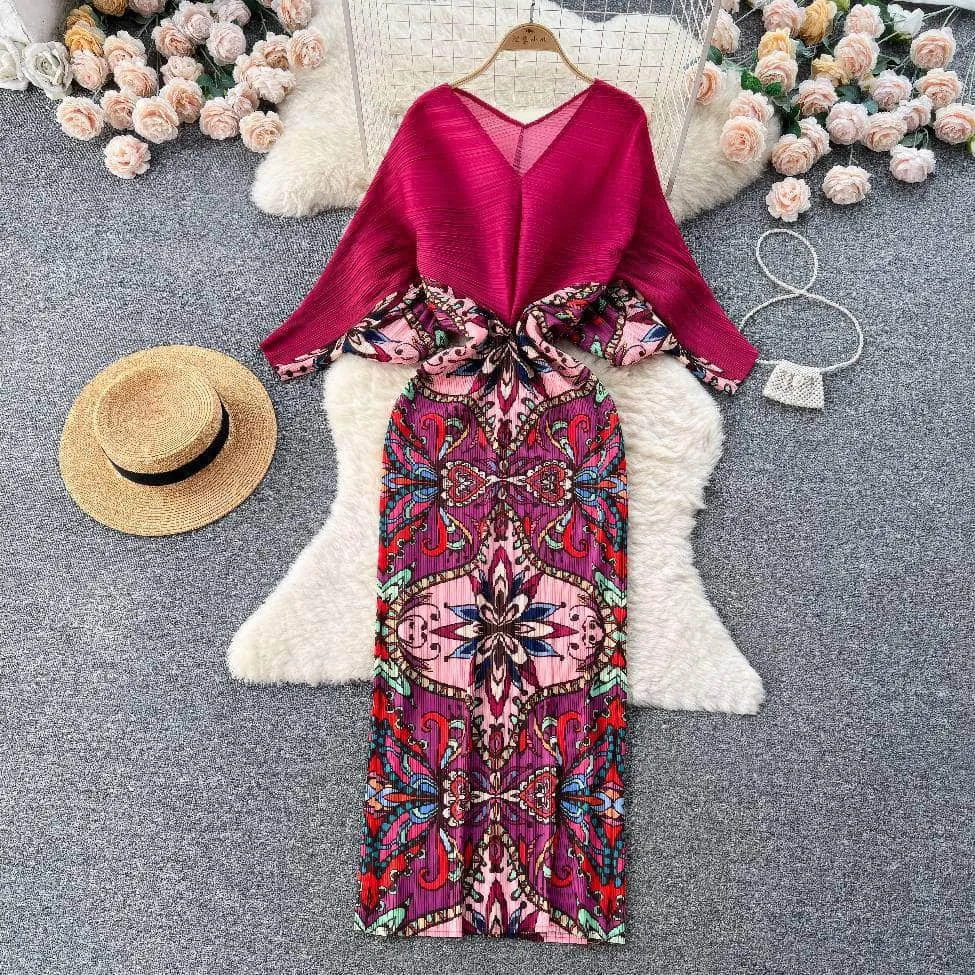 V neck Mesh Sleeves Bohemian Print Midi Dress