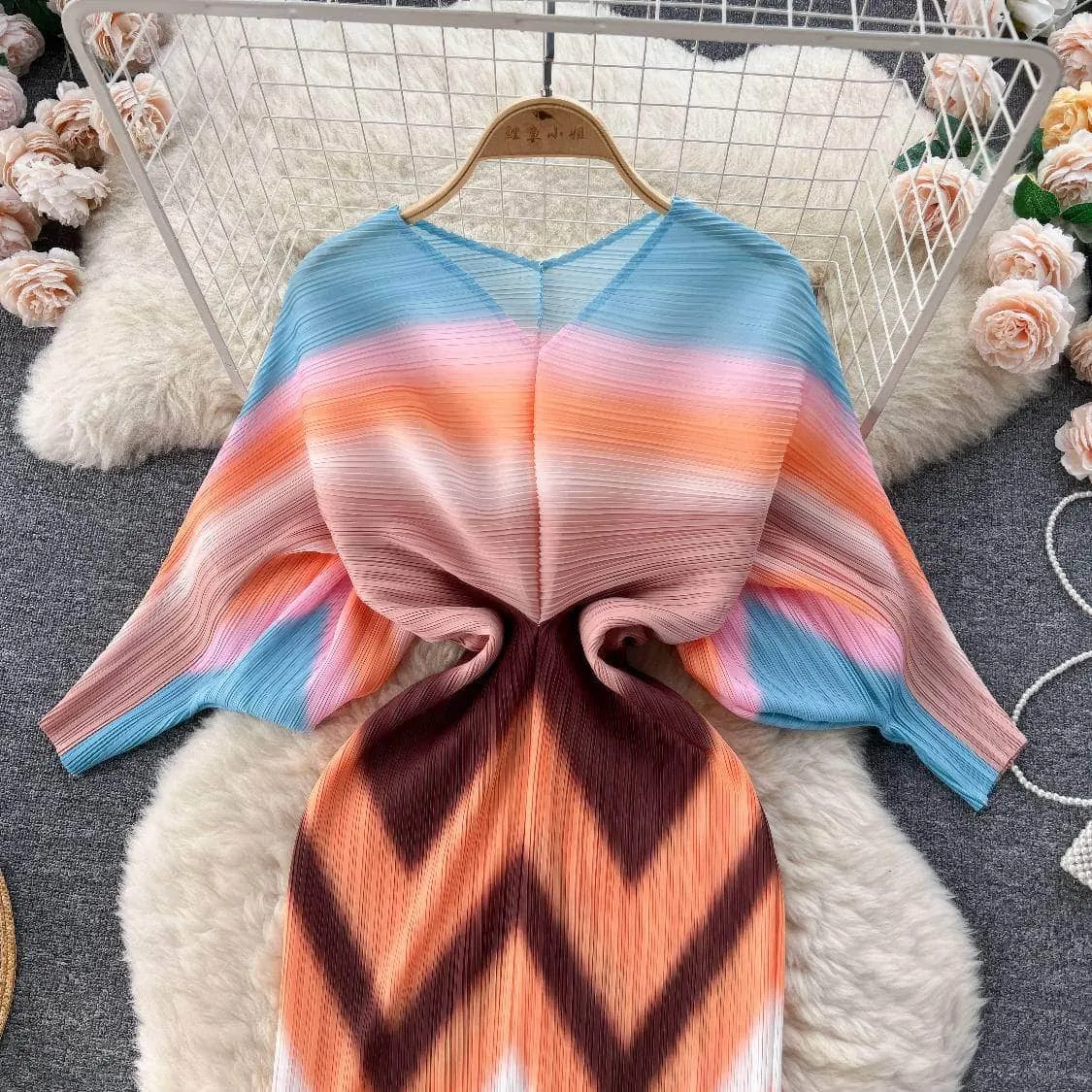 V neck Mesh Sleeves Bohemian Print Midi Dress