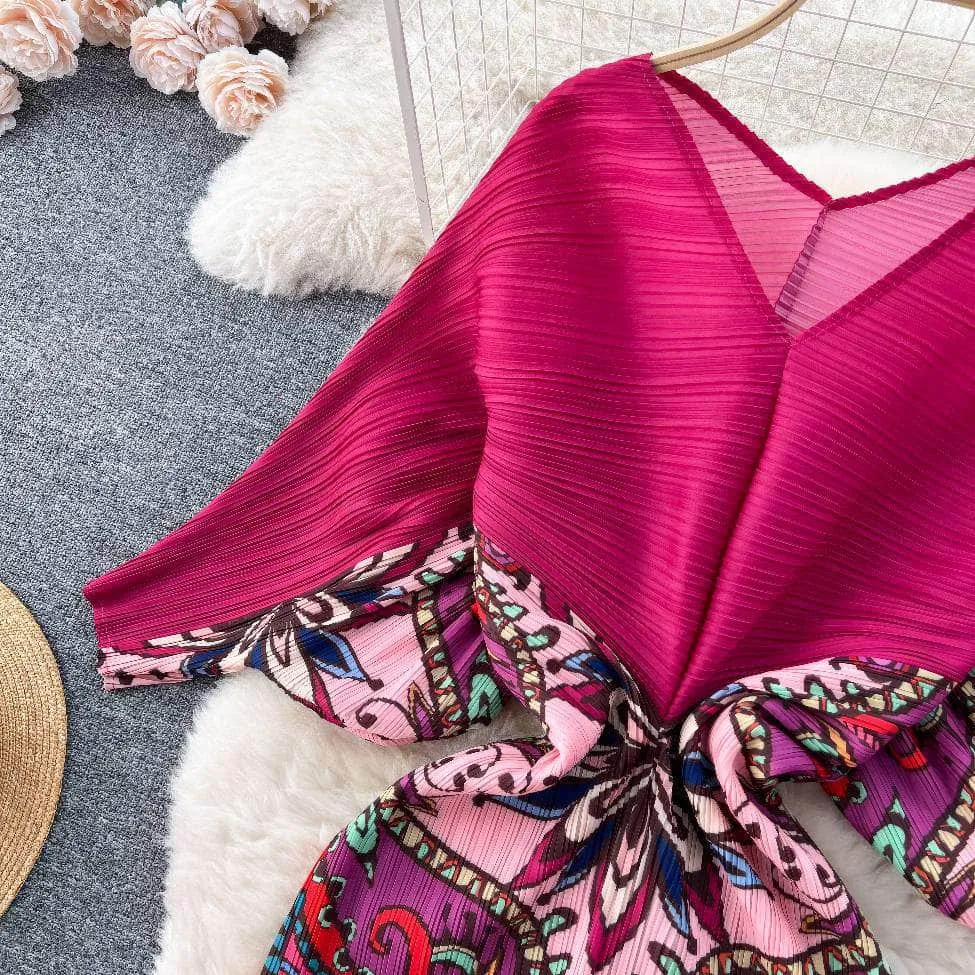 V neck Mesh Sleeves Bohemian Print Midi Dress