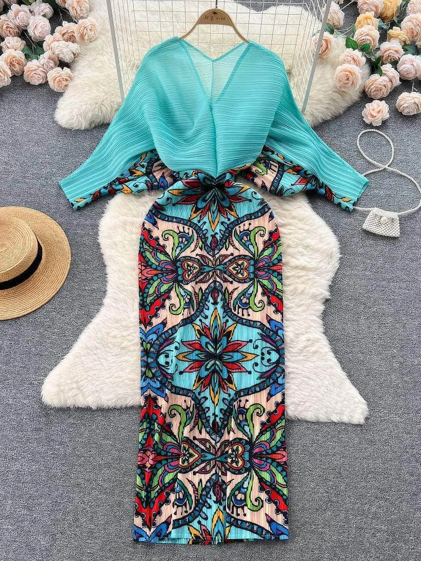 V neck Mesh Sleeves Bohemian Print Midi Dress