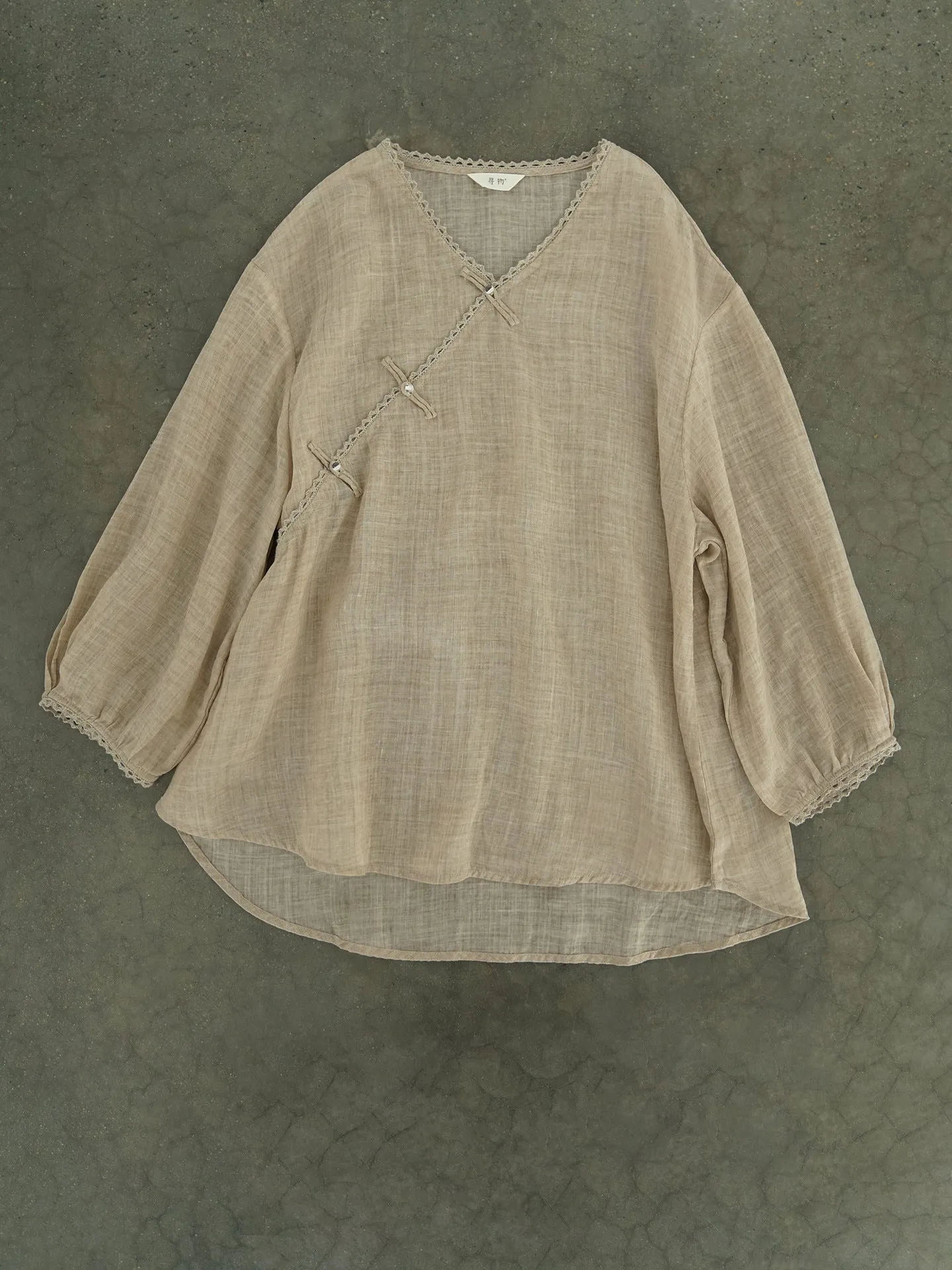 V-neck Ramie Cheongsam Qipao Top in Light Brown