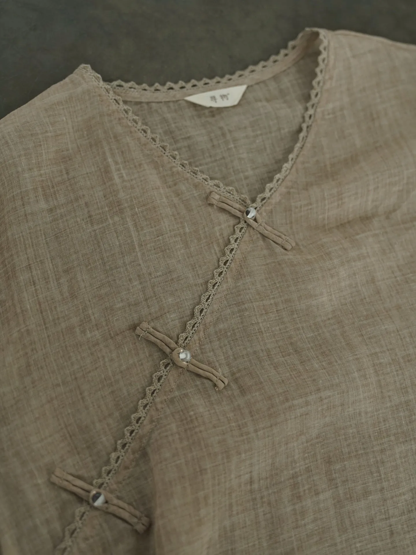 V-neck Ramie Cheongsam Qipao Top in Light Brown