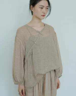V-neck Ramie Cheongsam Qipao Top in Light Brown