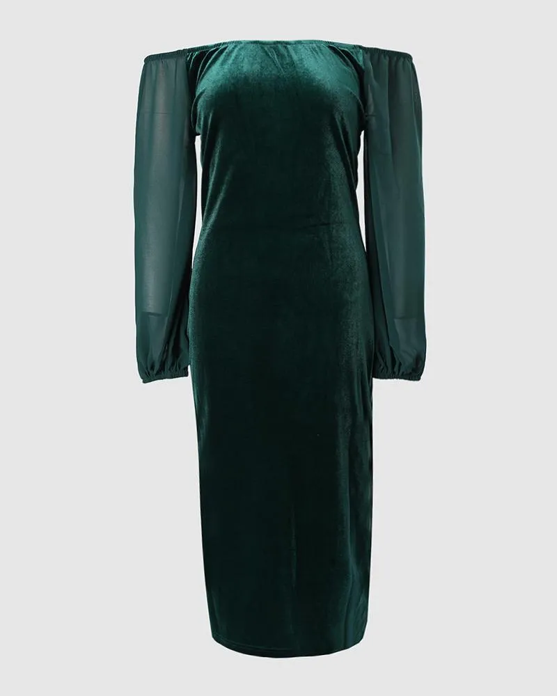 Velvet Off Shoulder Sheer Mesh Lantern Sleeve Party Dress