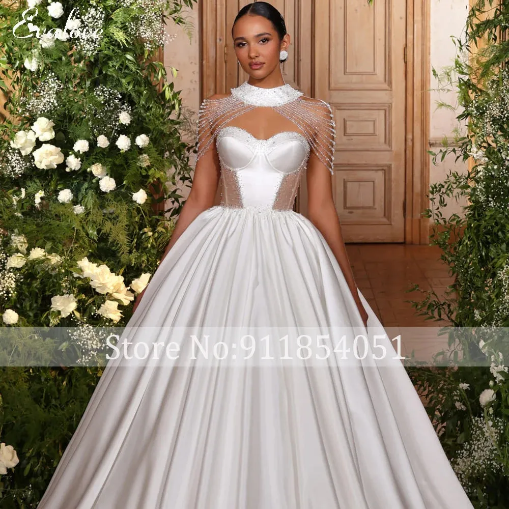 Vestidos De Noiva Customized Strapless Crystal Beaded A-Line Wedding Dress Gorgeous Satin Chapel Train Princess Bridal Gown