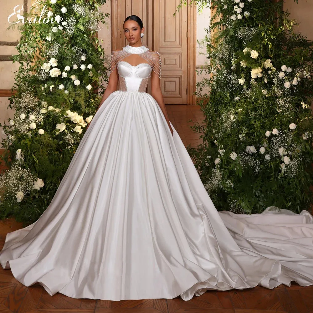 Vestidos De Noiva Customized Strapless Crystal Beaded A-Line Wedding Dress Gorgeous Satin Chapel Train Princess Bridal Gown