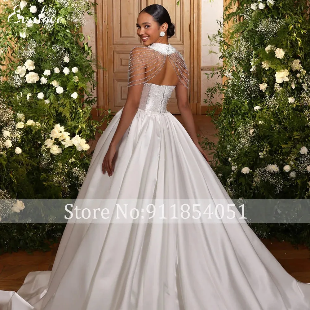 Vestidos De Noiva Customized Strapless Crystal Beaded A-Line Wedding Dress Gorgeous Satin Chapel Train Princess Bridal Gown
