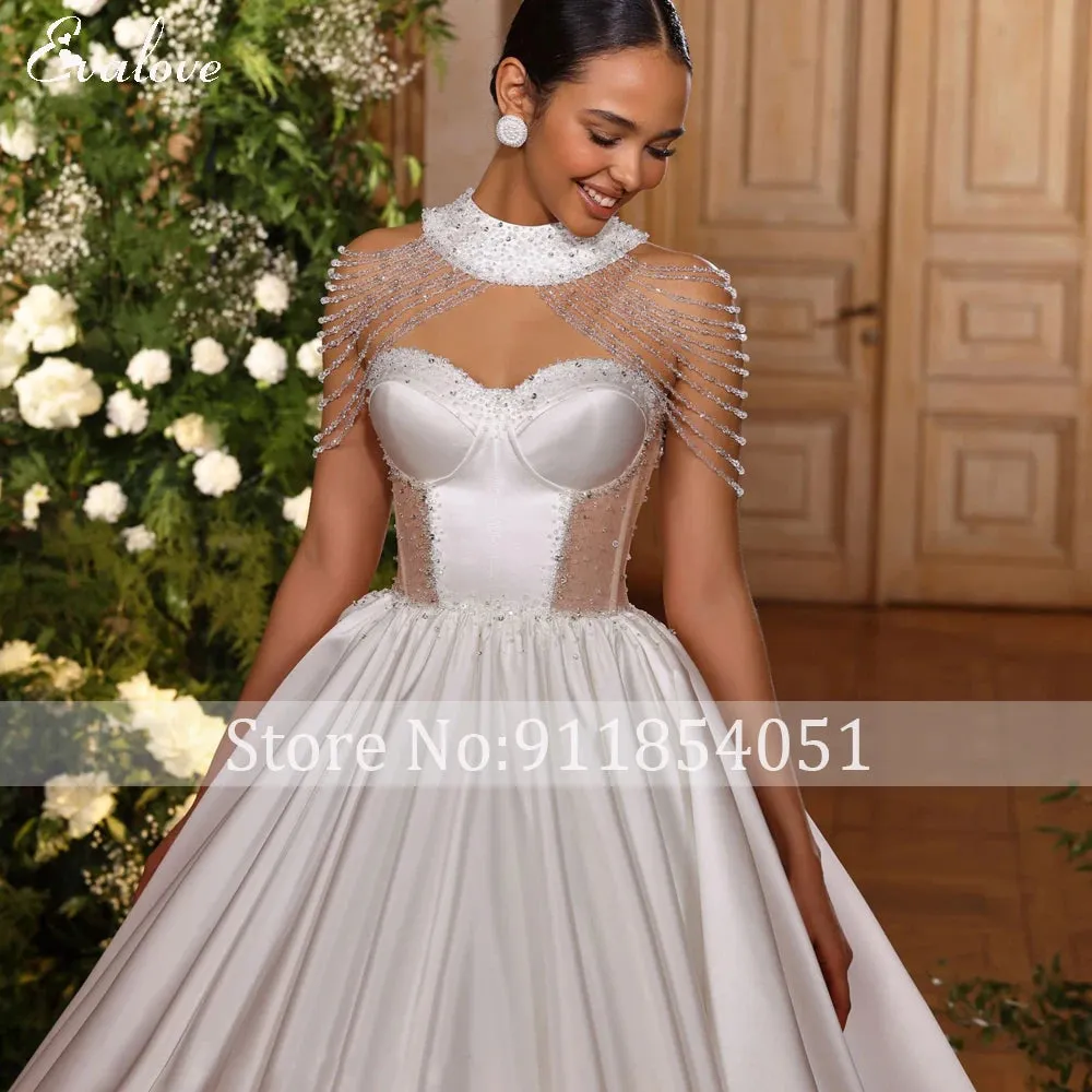 Vestidos De Noiva Customized Strapless Crystal Beaded A-Line Wedding Dress Gorgeous Satin Chapel Train Princess Bridal Gown